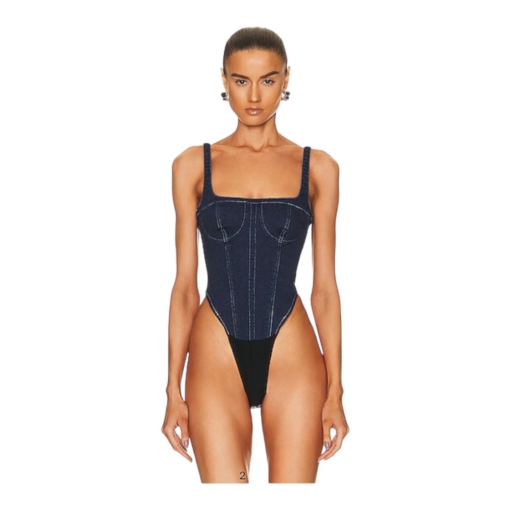 RtA Dark Denim and Black High-Cut Bodysuit